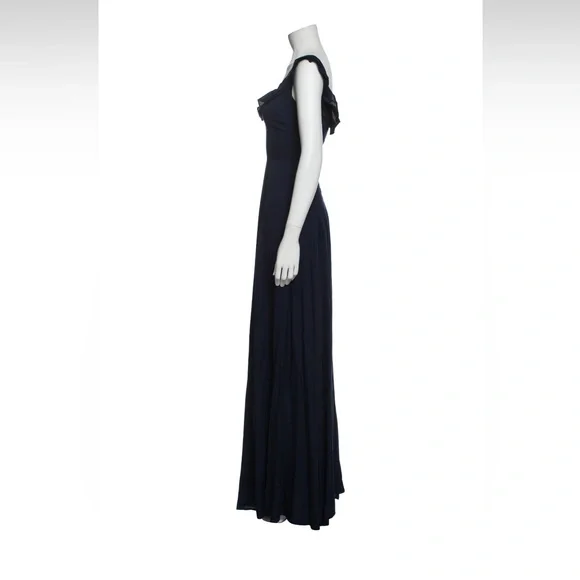 Reformation Verbana navy blue square neck off shoulder ruffle evening gown dress - Picture 3 of 8